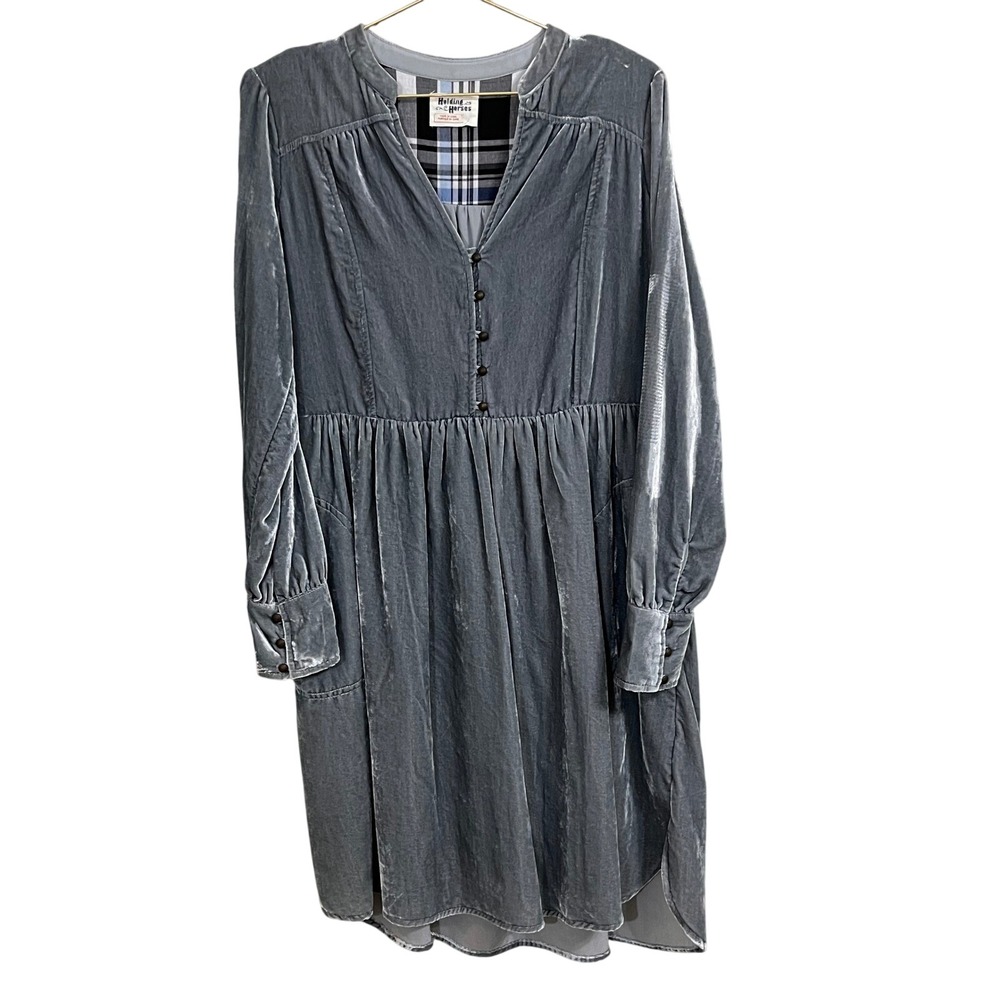 Holding Horses Velvet Button Front‎ Midi Dress Dusty Blue Long Sleeve Dress